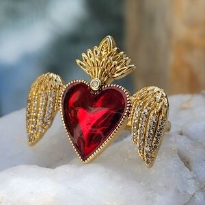Boho Jewelry 18K Gold Plated Topaz Ring Heart Wings Frida Khalo Red Heart